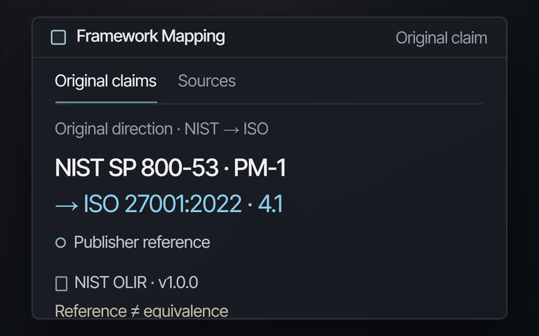 Beispielansicht von Framework Mapping mit einem veröffentlichten Verweis von NIST PM-1 auf Abschnitt 4.1 der ISO 27001. Daraus wird keine Gleichwertigkeit abgeleitet.